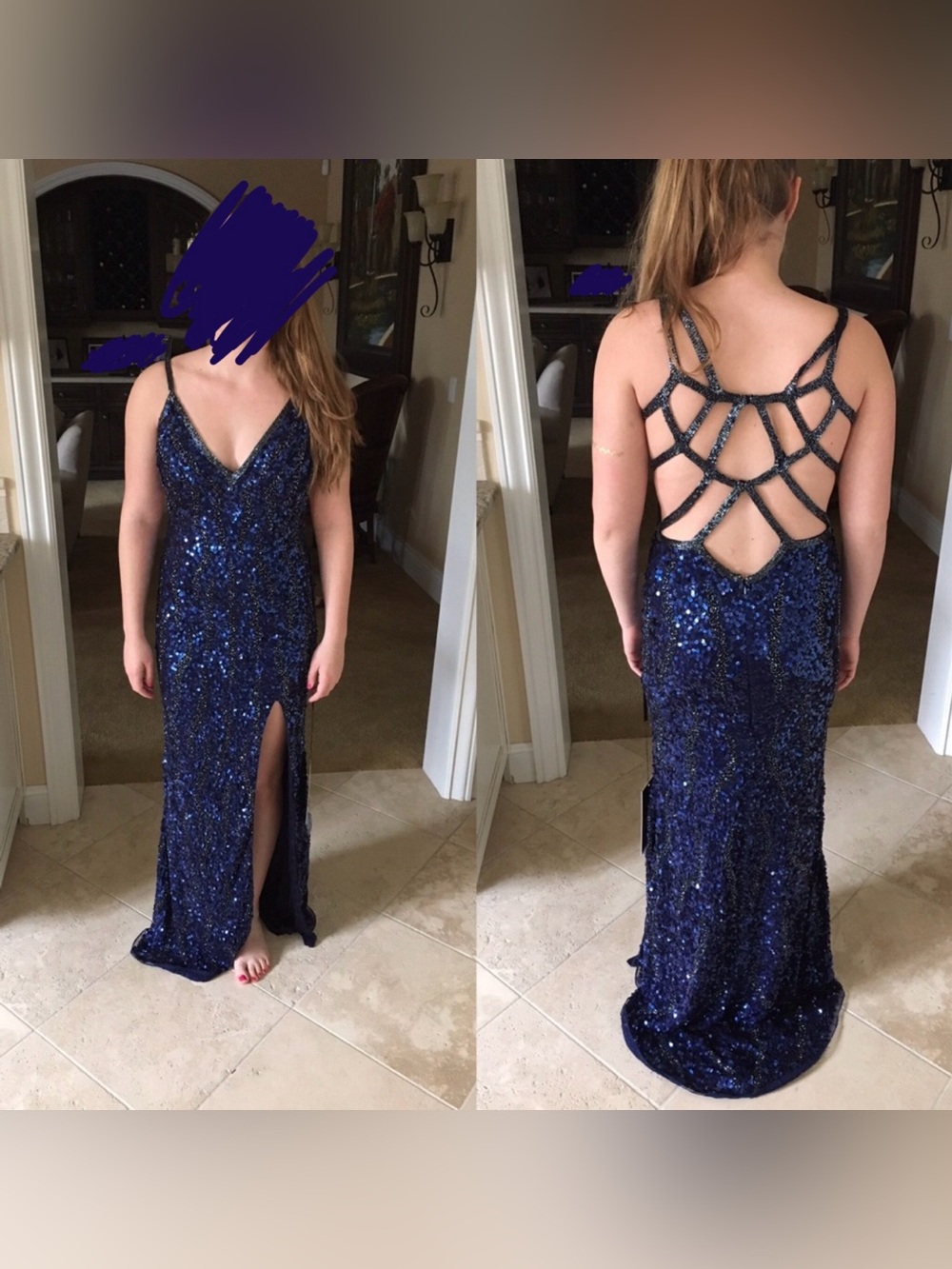 Primavera Navy Sequin Formal Dress with Strappy Open Back